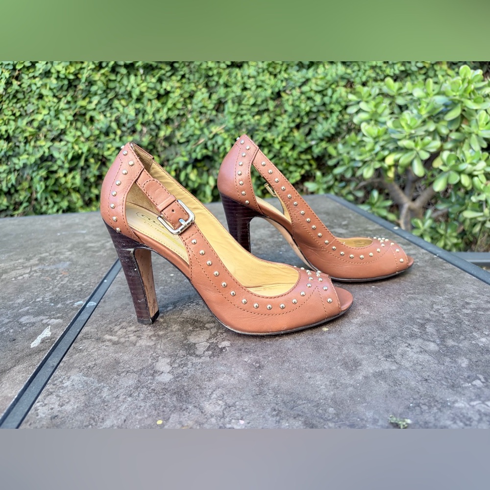 Brown Coach Billee Studded Brown Peep-Toe Heels